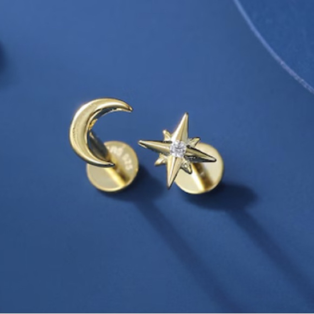 Gold Moon and Star Earrings, 16 gauge, 8mm length